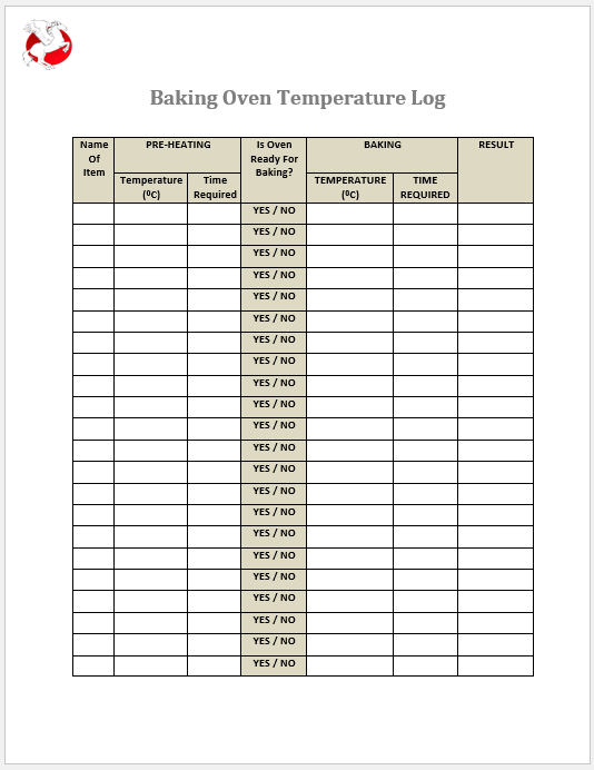 Baking Oven Temperature Log Templates