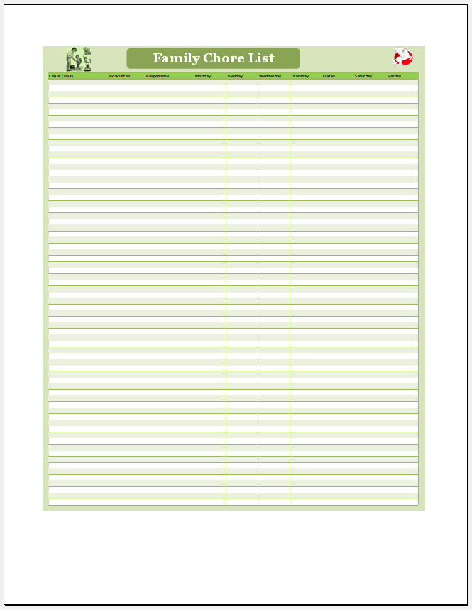 Family Chore List Template