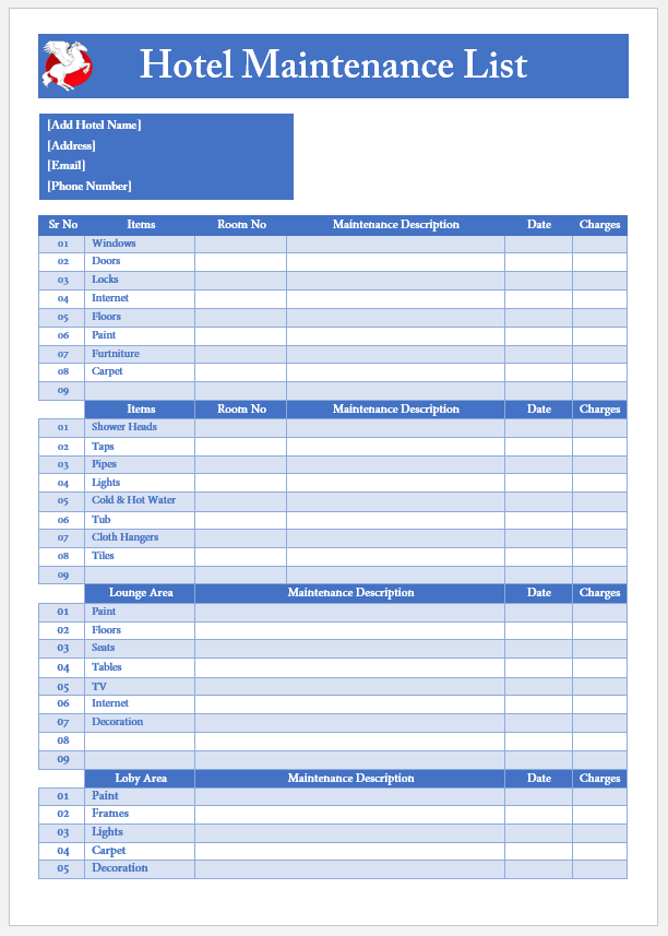 Hotel Maintenance List Template