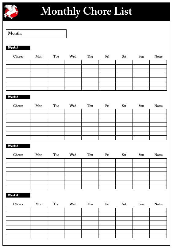 Monthly Chore List Template