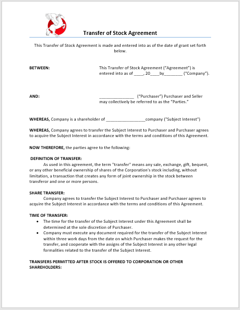 Transfer of Stock Agreement Template