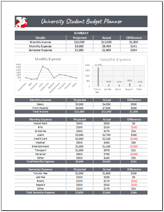 University Student Budget Template