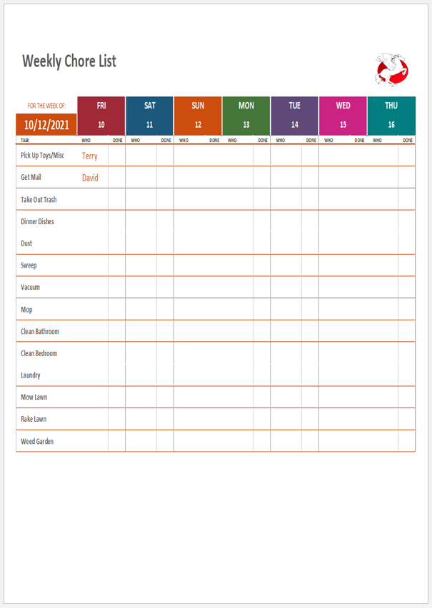 Weekly Chore List Template