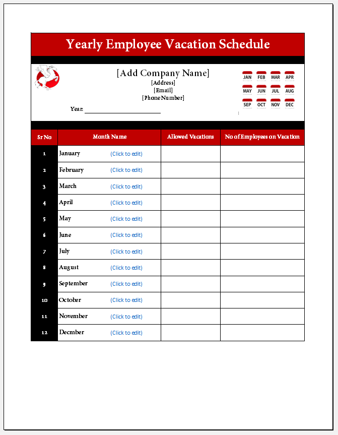 Yearly Employee Vacation Schedule Template