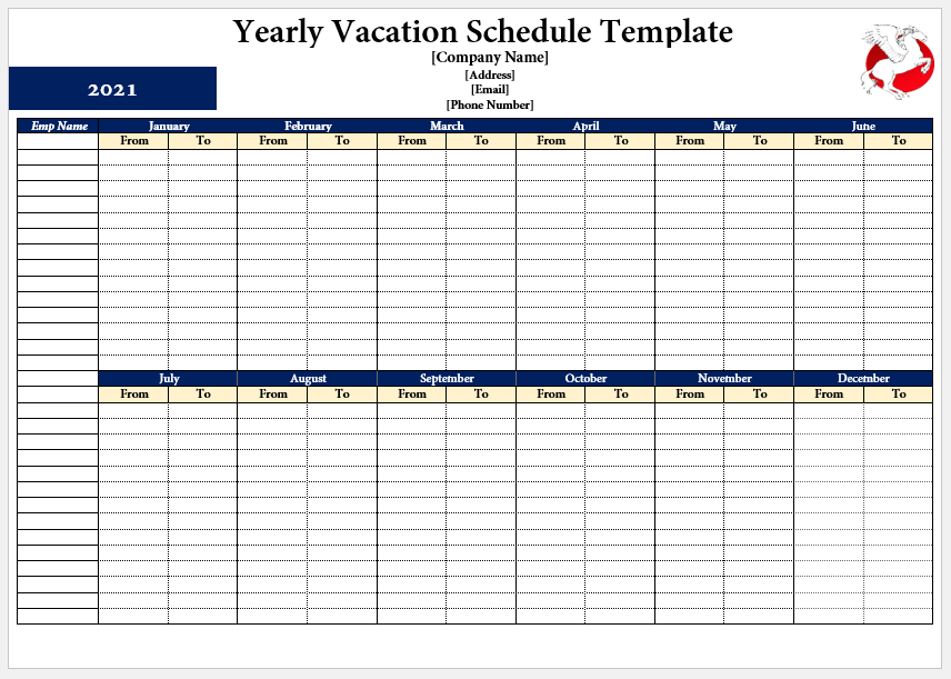 Yearly Vacation Schedule Template