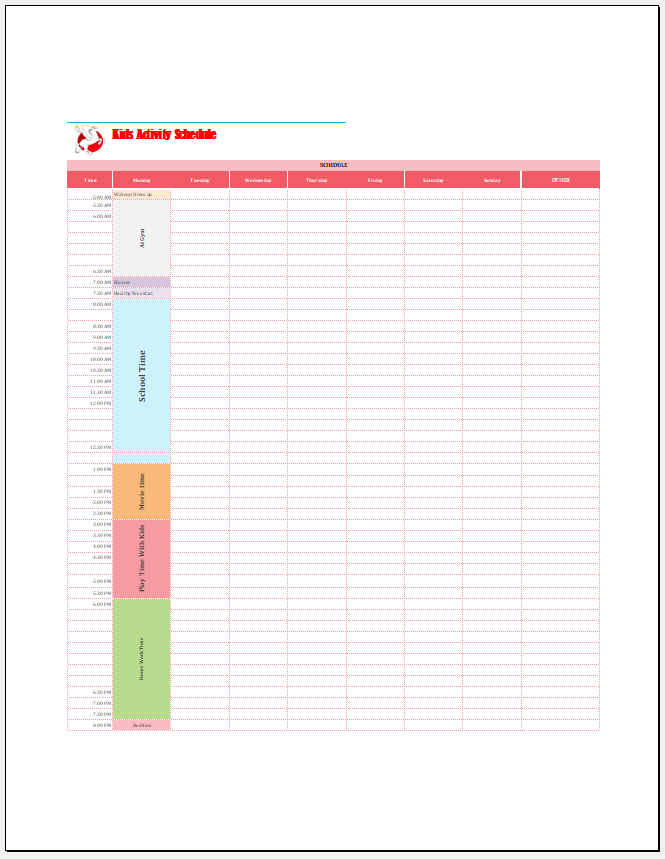 Kids Activity Schedule Template