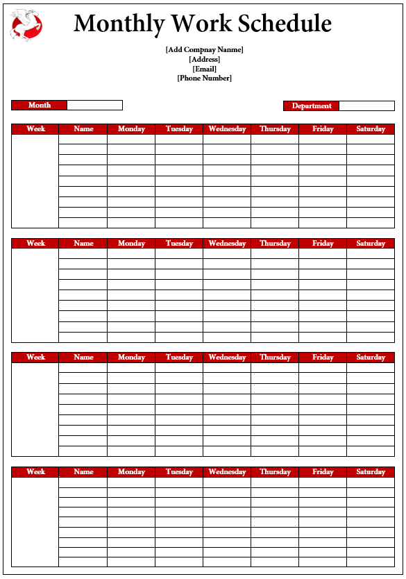 Monthly Work Schedule Template