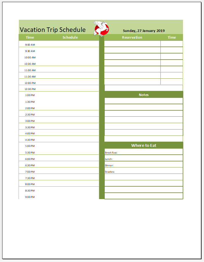 Vacation Trip Schedule Template