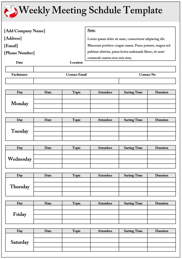 Weekly Meeting Schedule Template Weekly Meeting Schedule Template