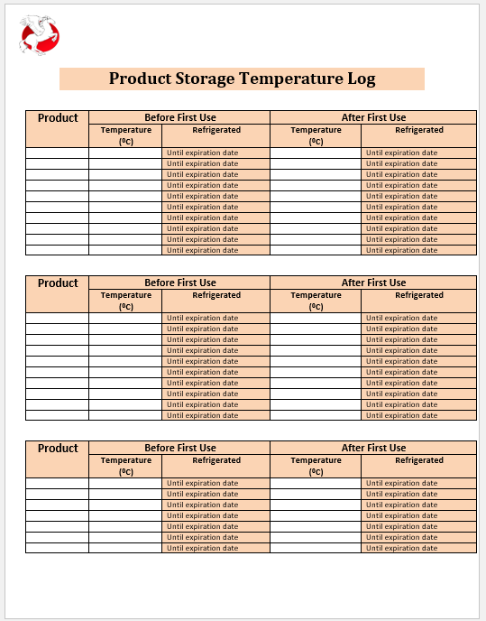 Product Storage Temperature Log Template
