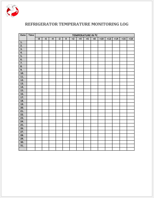 Refrigerator Temperature Monitoring Log Template