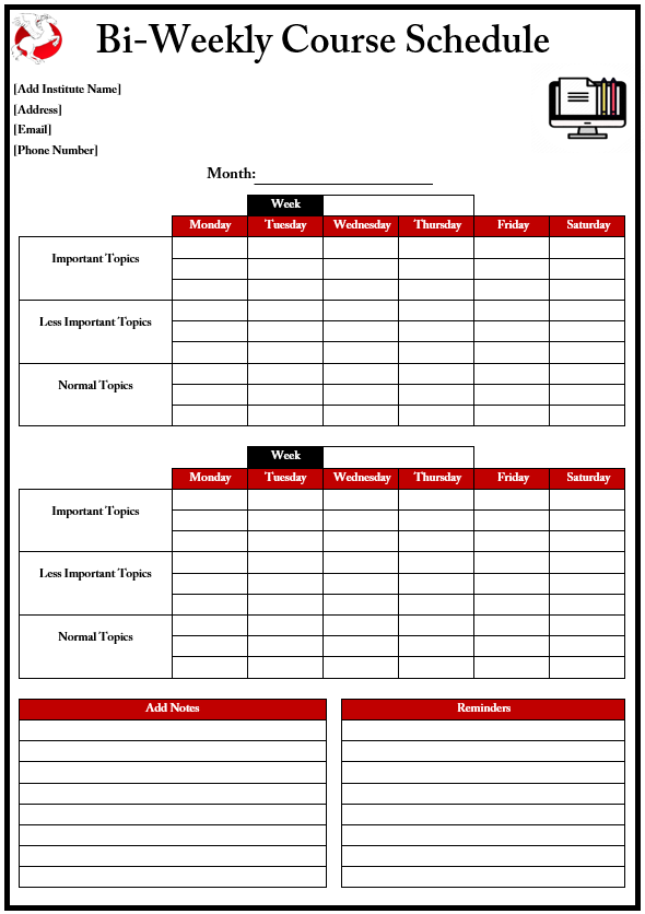 Bi-Weekly Course Schedule Template